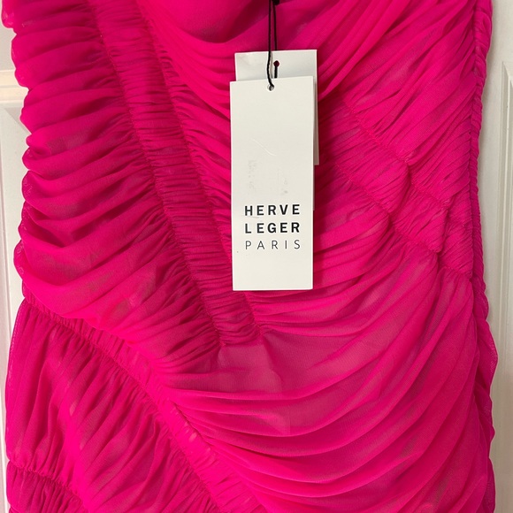 💞NWT HERVE LEGER one-shoulder draped jersey mini dress in neon Pink, size M - Picture 8 of 17